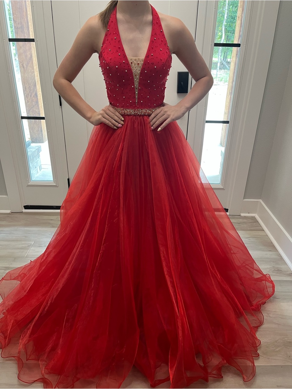 Sherri Hill Red Halter Beaded Tulle Ball Gown